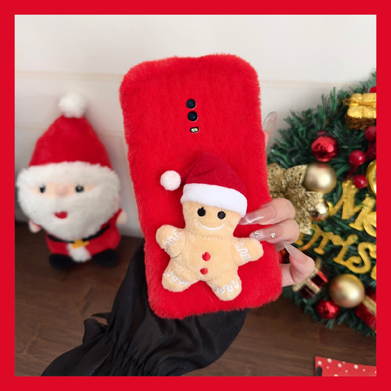 手机壳秋冬毛绒红色卡通圣诞帽子姜饼人