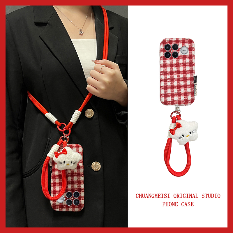 手机壳秋冬绒布红色棋盘格斜跨挂绳