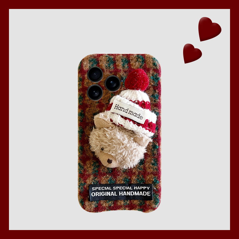 手机壳秋冬绒布红色条纹立体卡通毛绒小熊