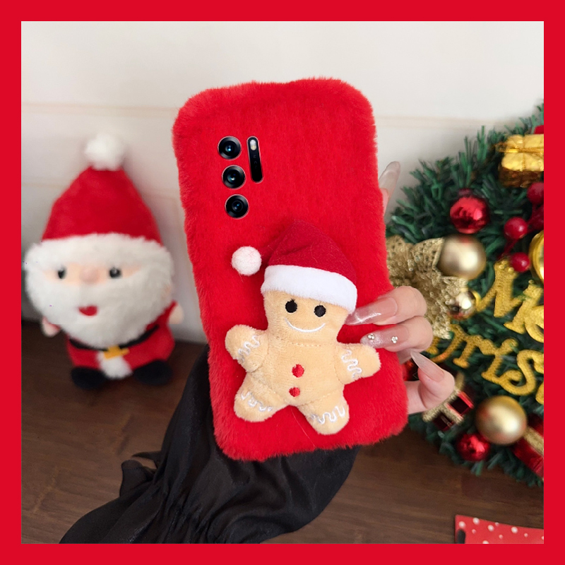手机壳秋冬毛绒红色卡通圣诞帽子姜饼人