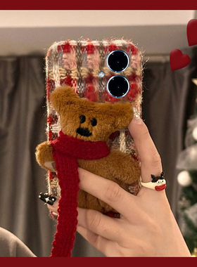 绒布红色格子适用vivoy500手机壳y50m秋冬y300pro+毛绒y200gt卡通y100i立体y77e小熊y93s毛茸茸y50十vivo硅胶