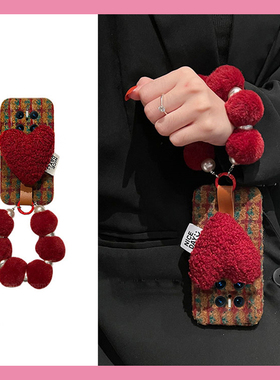 ins风毛绒爱心支架适用华为mate70air手机壳mete70格纹meta70pro秋冬70por+绒布十huawei背带斜挎挂绳硅胶女p