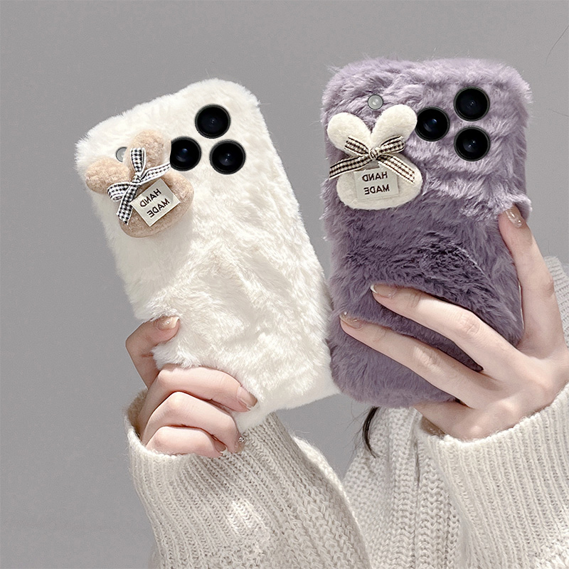 手机壳秋冬毛绒可爱卡通蝴蝶结兔子