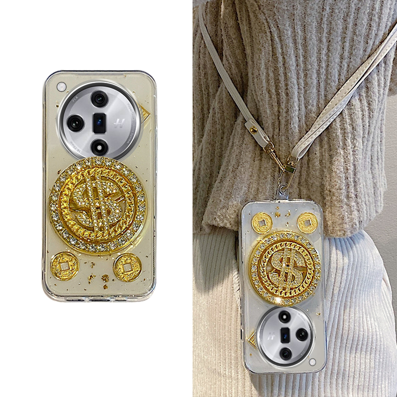手机壳滴胶新年立体元宝旋转美金带斜跨挂绳