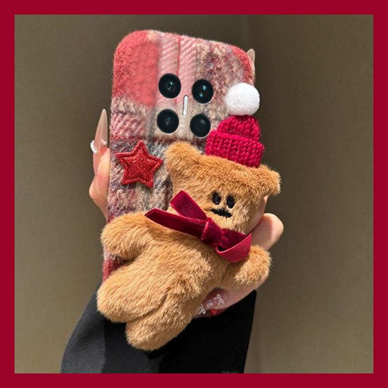 手机壳秋冬绒布立体卡通毛茸茸圣诞帽子小熊