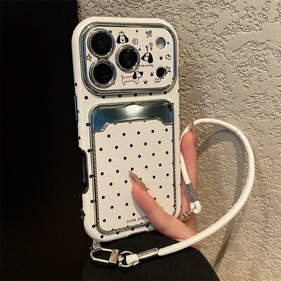 手机壳波点腊肠狗卡包带斜跨挂绳
