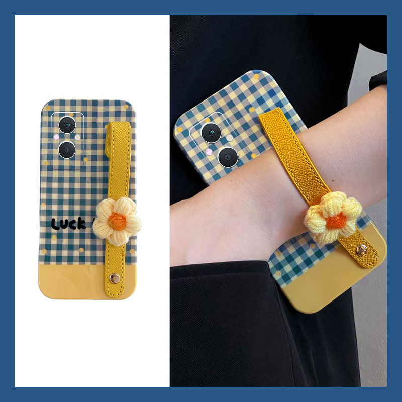 手机壳硅胶蓝色格子针织花朵手绳腕带