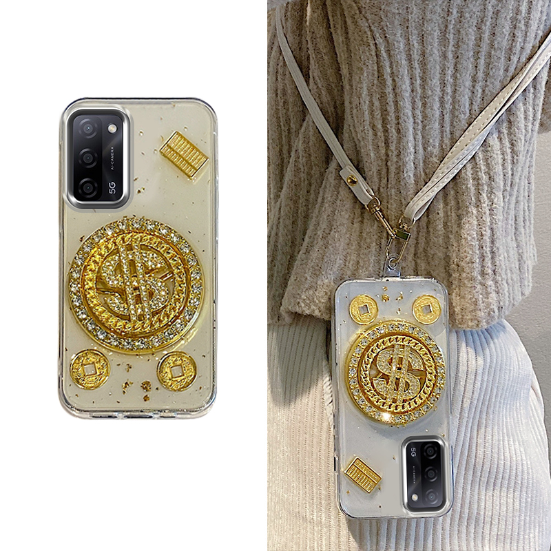 手机壳滴胶新年立体元宝旋转美金带斜跨挂绳
