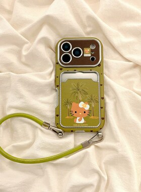 绿色椰树kt猫卡包适用opporeno14手机壳reno13卡通reon12凯蒂猫11带a58x挂绳a57卡套真我q5i插卡v23仿皮oppo