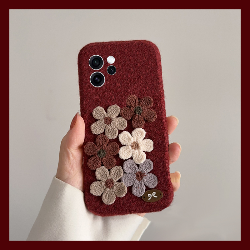 手机壳秋冬绒布红色酒红立体ins风花朵