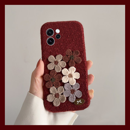 ins风酒红花朵适用opporeno15手机壳reno14秋冬reon13pro+立体12毛绒11复古10高级感9毛茸茸ace2女7se十oppo