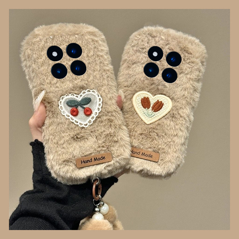 手机壳秋冬毛绒刺绣爱心樱桃郁金香花朵手链