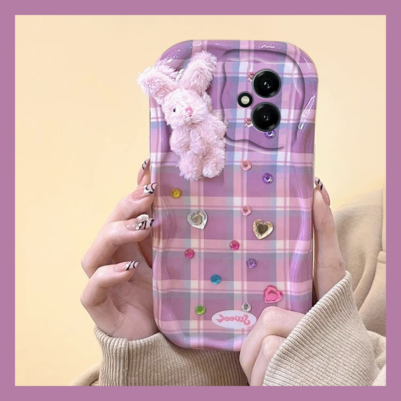 手机壳紫色格纹爱心钻石卡通秋冬毛绒兔子