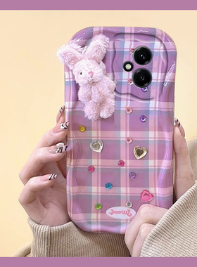 秋冬毛绒兔子适用华为荣耀400手机壳300ultra紫色200lite格纹100pro+立体90gt爱心x50i钻石x10卡通60se十30s