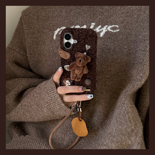 手机壳秋冬绒布爱心钻石天使小熊带挂件皮绳