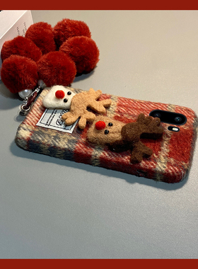 毛绒格子麋鹿适用oppo一加ace6手机壳1+15红色ace5竞速版13t圣诞12带11pro挂链3v秋冬9rt绒布8卡通7十oneplus