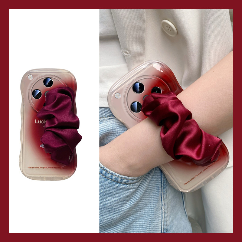 手机壳水墨晕染红色褶皱丝巾腕带斜跨挂绳