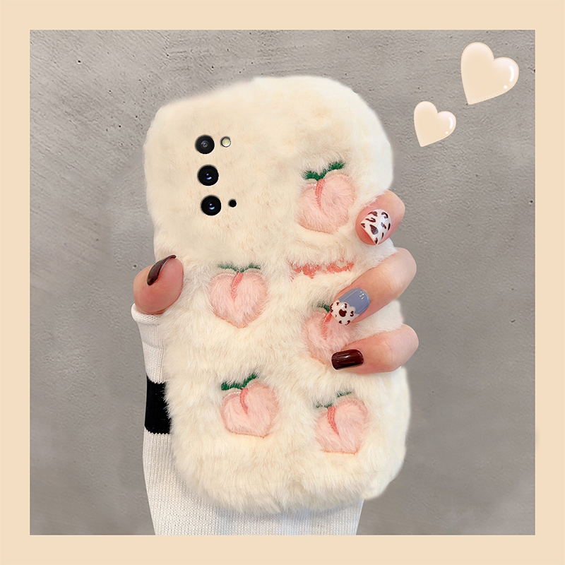 手机壳秋冬毛绒ins风刺绣水蜜桃桃子星星