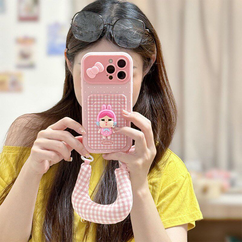 粉色波点格子卡包适用苹果17手机壳华为pura80丑萌mate7