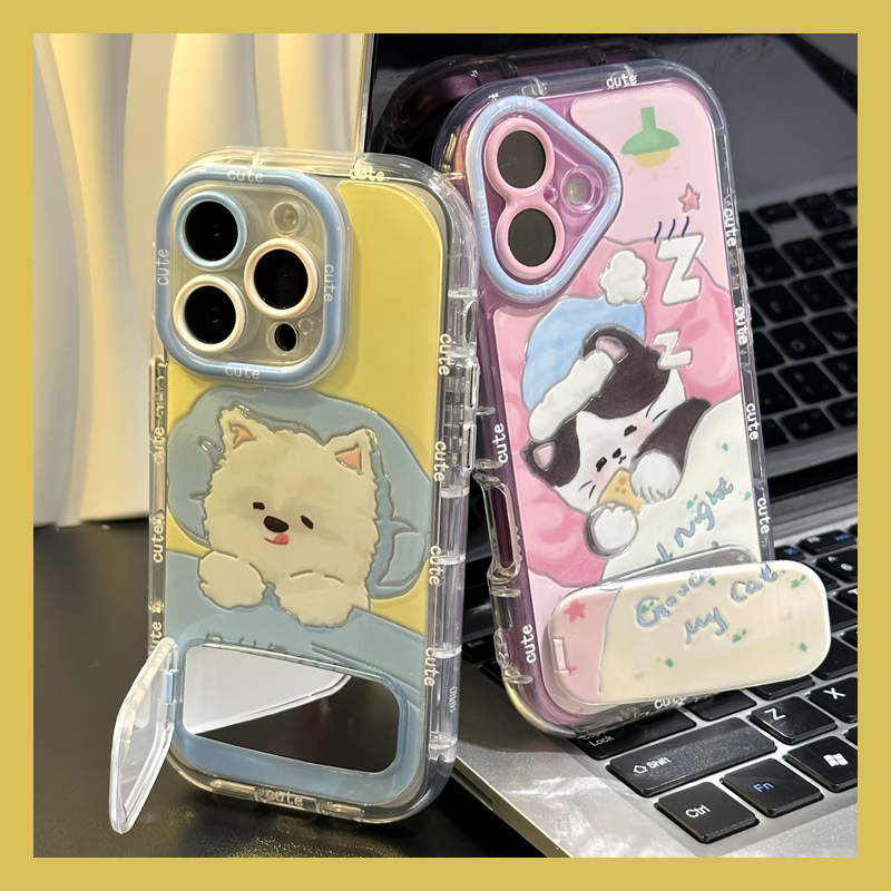 手机壳羽纱卡通呆萌睡觉猫咪小狗带镜子支架