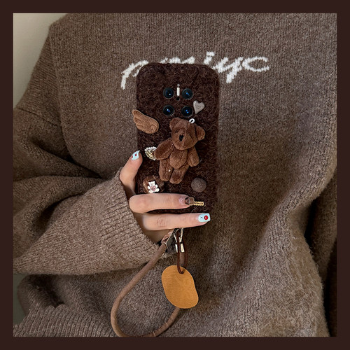 手机壳秋冬绒布爱心钻石天使小熊带挂件皮绳