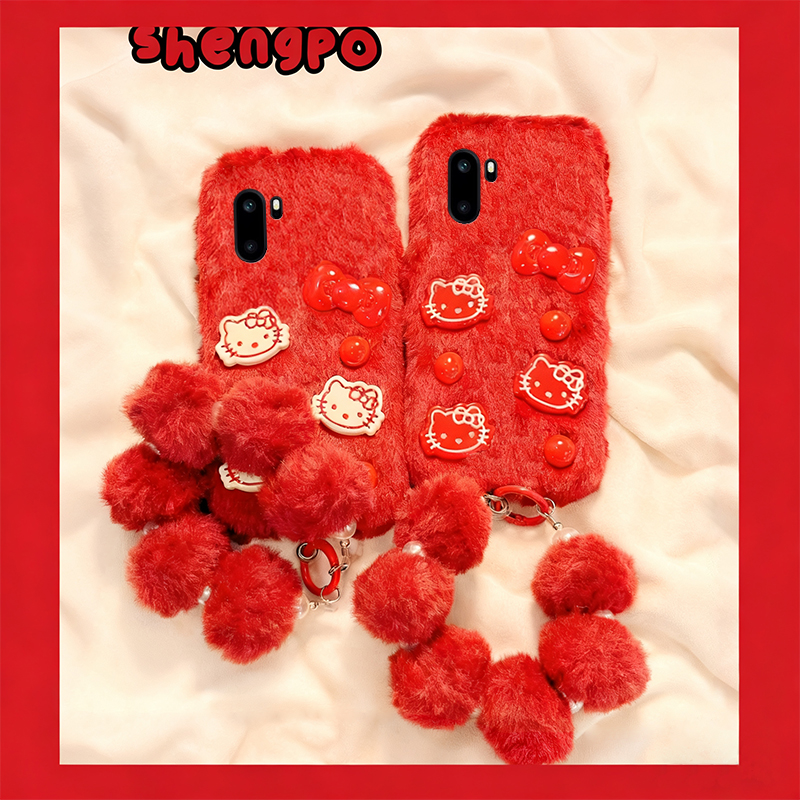 手机壳秋冬毛绒红色立体卡通KT猫凯蒂猫手链