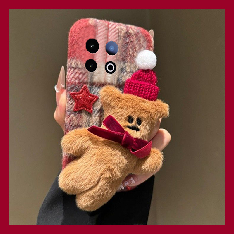 手机壳秋冬绒布立体卡通毛茸茸圣诞帽子小熊