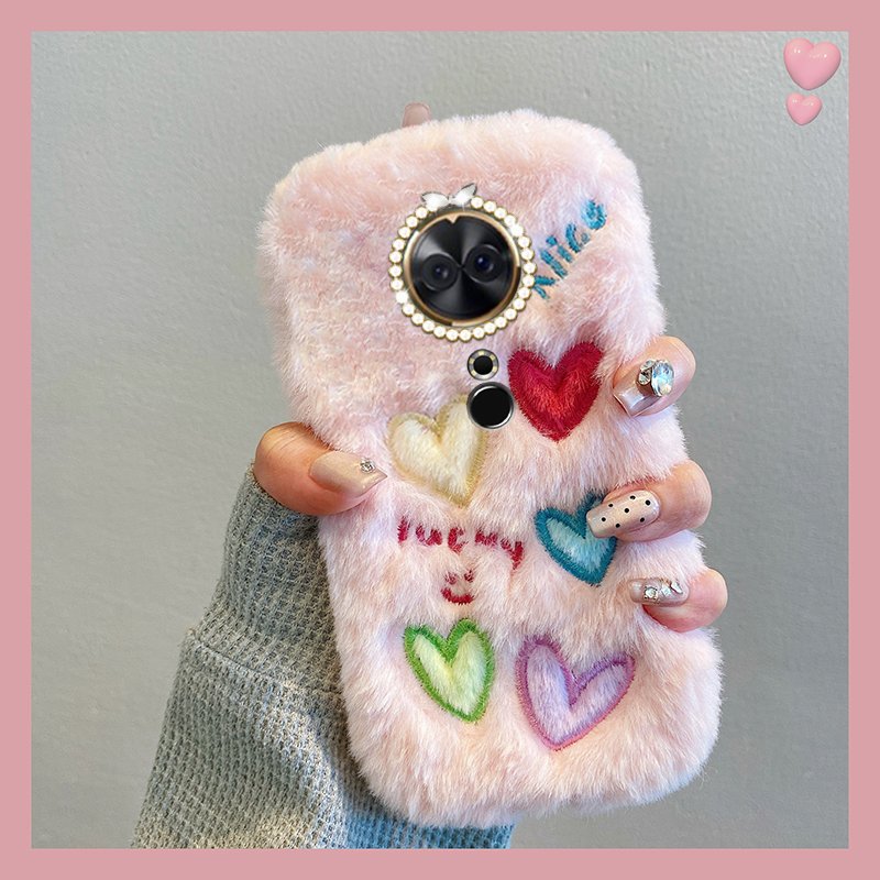 手机壳秋冬毛绒ins风彩色刺绣爱心带手链