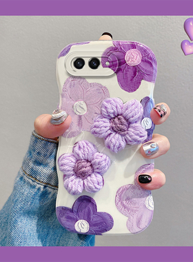 ins风紫色油画花朵适用三星zflip5手机壳zflip4秋冬zflip3毛绒折叠屏针织带爱心手环galaxy新款超火硅胶硬壳p