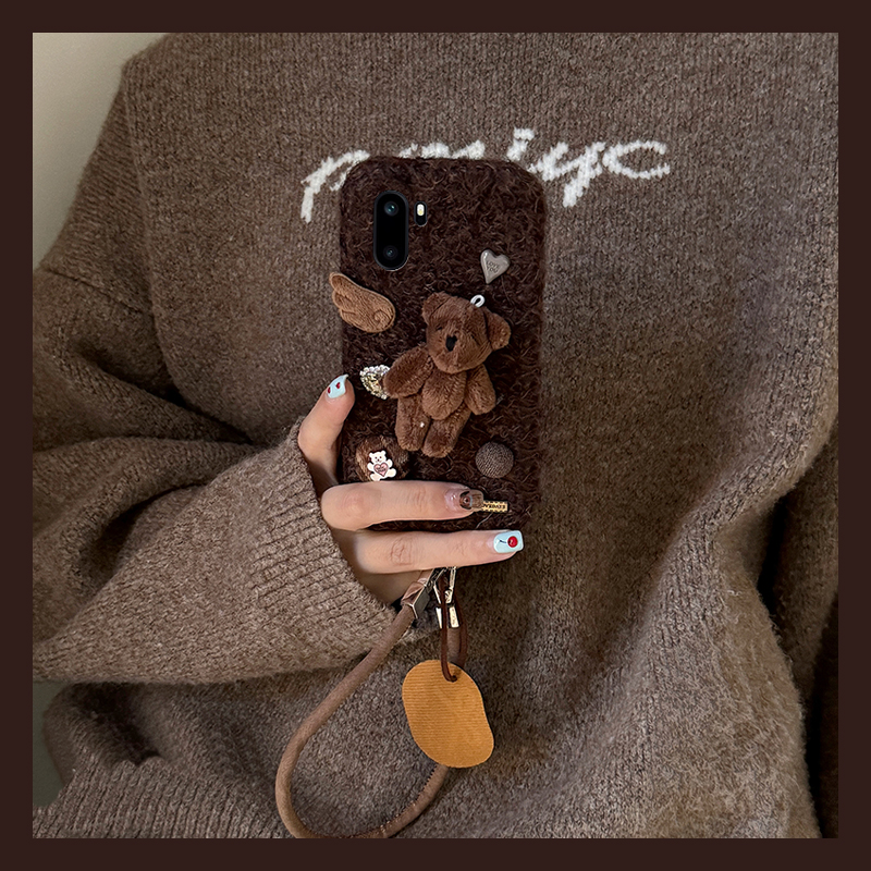 手机壳秋冬绒布爱心钻石天使小熊带挂件皮绳