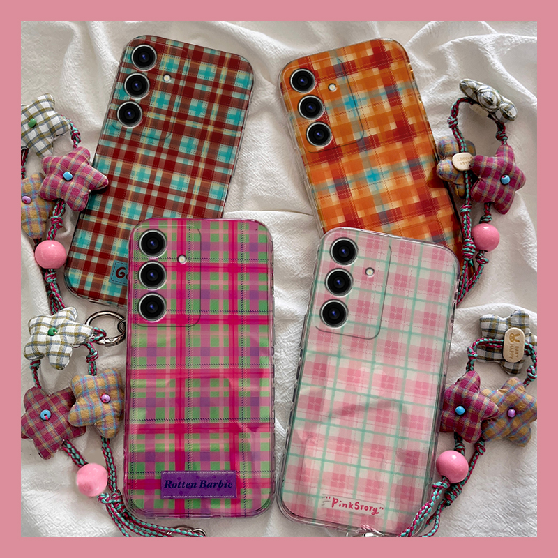 手机壳硅胶ins风拼色格子带花朵挂链