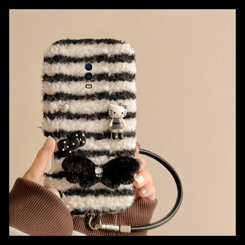手机壳秋冬毛绒条纹卡通KT猫凯蒂猫带皮绳