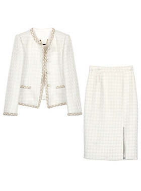 气质优雅小香粗花呢套装收腰显瘦高腰开叉半裙两件套110111