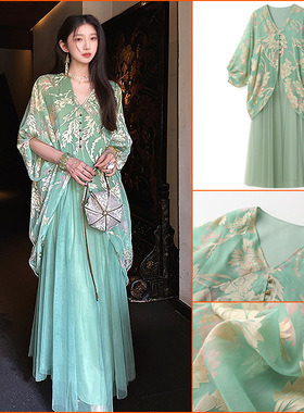 早秋新款国风新中式高端长裙女时尚织造练染工艺烧花印花裙