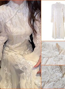2024新款新中式旗袍立体蝴蝶装饰重工风刺绣白色国风连衣裙 LZ596