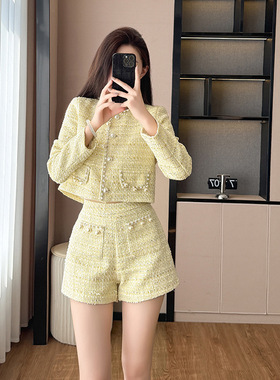 轻奢珍珠编织羊毛呢亮丝短外套2025秋冬新款重工洋气钉珠短裤套装