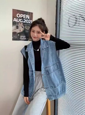 春夏新款潮流坎肩无袖牛仔马甲中长款宽松休闲外套女装设计感时尚