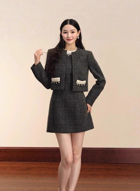 设计感法式小香风套装裙2025秋冬季新款千金外套背心连衣裙两件套