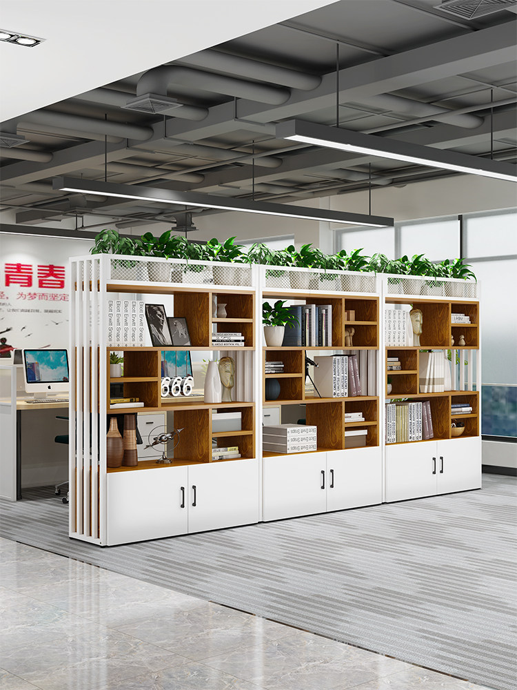 办公实木隔断柜双面公司储物柜花槽柜储物架展示架铁质屏风