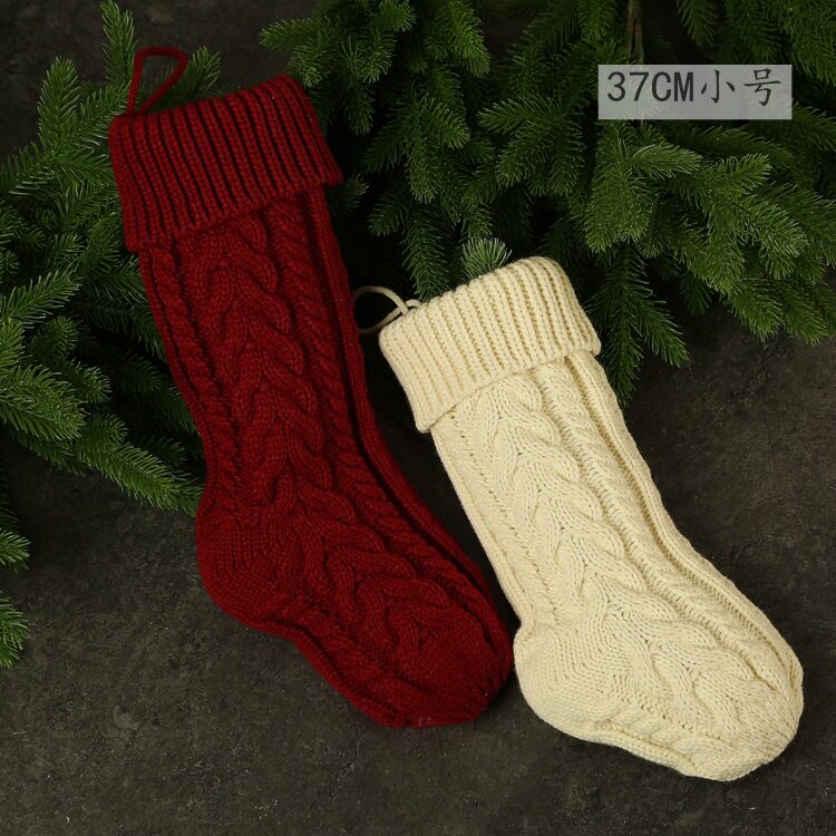 EBAY新款家居圣诞挂饰针织礼物袋毛线糖果袋对角麻花装饰袜棒针37