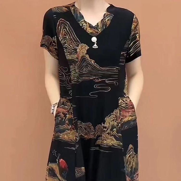夏季新款时尚印花连衣裙中老年薄中老年女装