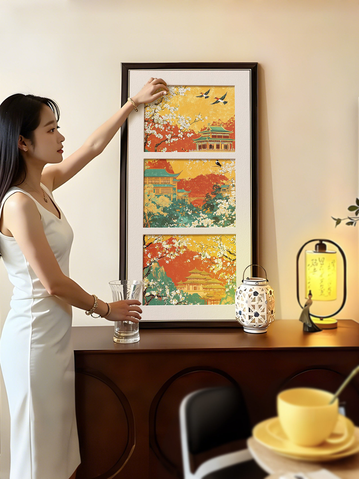 新中式客厅装饰画花鸟国风玄关挂画实木框覆古壁画斗柜摆件摆画