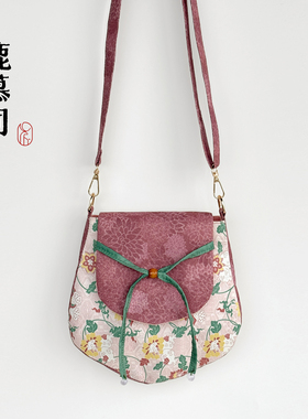 国风汉服斜挎包古风货郎包单肩包新中式印花瓣轻便布包福寿三多纹