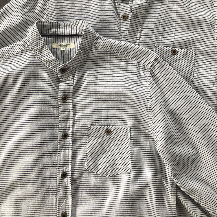 日系小众老牌GH纯棉小立领水洗条纹微修身衬衫男