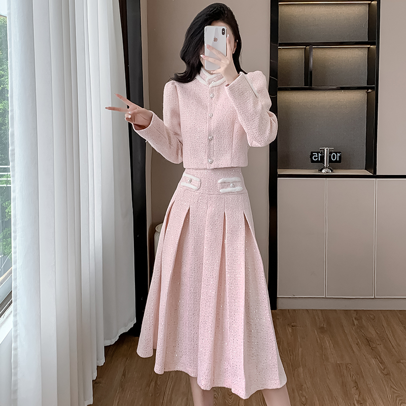 2025秋冬新款LazyDidi 桃花醉 复古小香风外套加百褶长裙两件套装