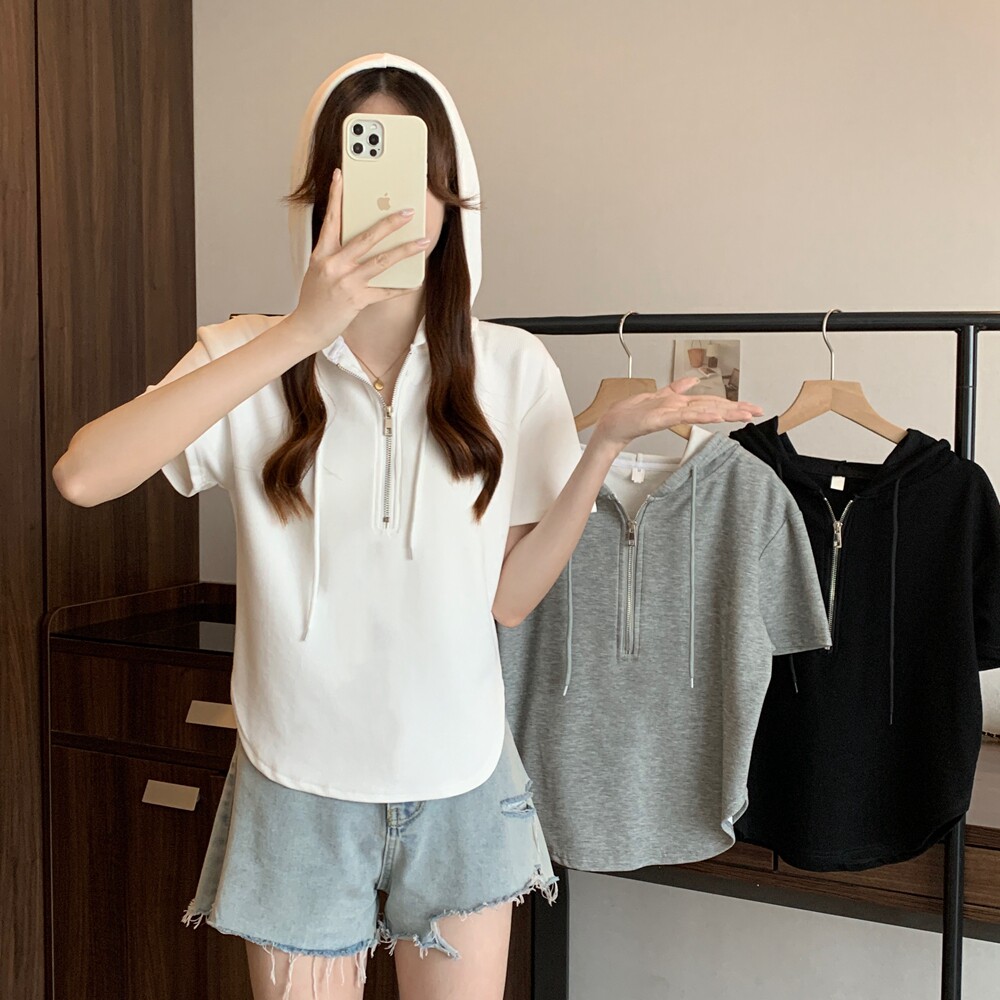 夏季大码女装别致连帽拉链辣妹高腰纯棉短袖T恤M-4XL200斤
