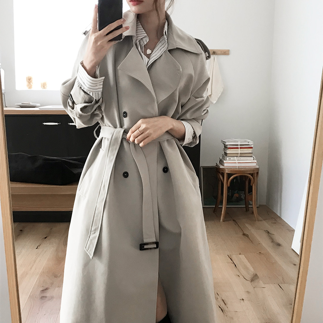 韩版 秋冬 风衣中长款外套法式高端气质休闲过膝大衣