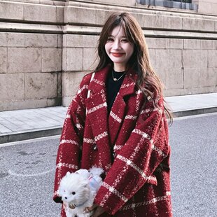 宽松大码加棉小香风百搭红色格子毛呢外套女秋冬中长款呢子大衣