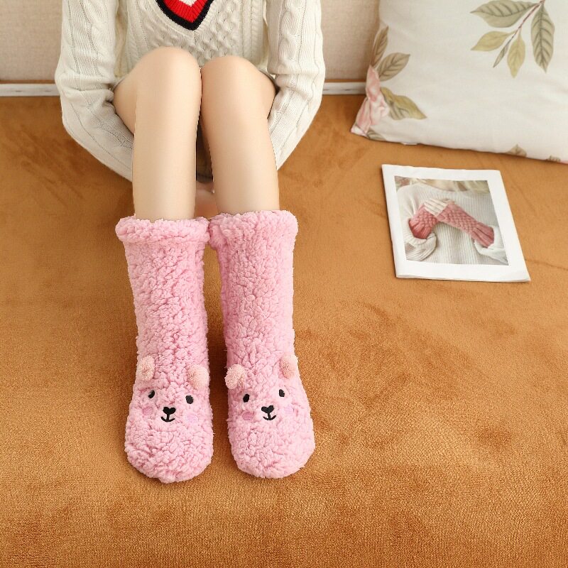 超厚小熊加绒袜卡通袜睡眠袜女生冬季睡觉加厚保暖地板袜大人袜子