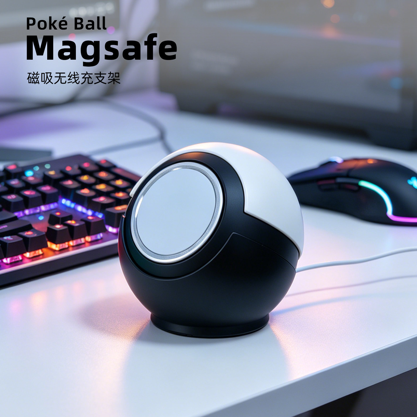 创意球形magsafe磁吸无线充电手机支架桌面无线充底座二次元摆件
